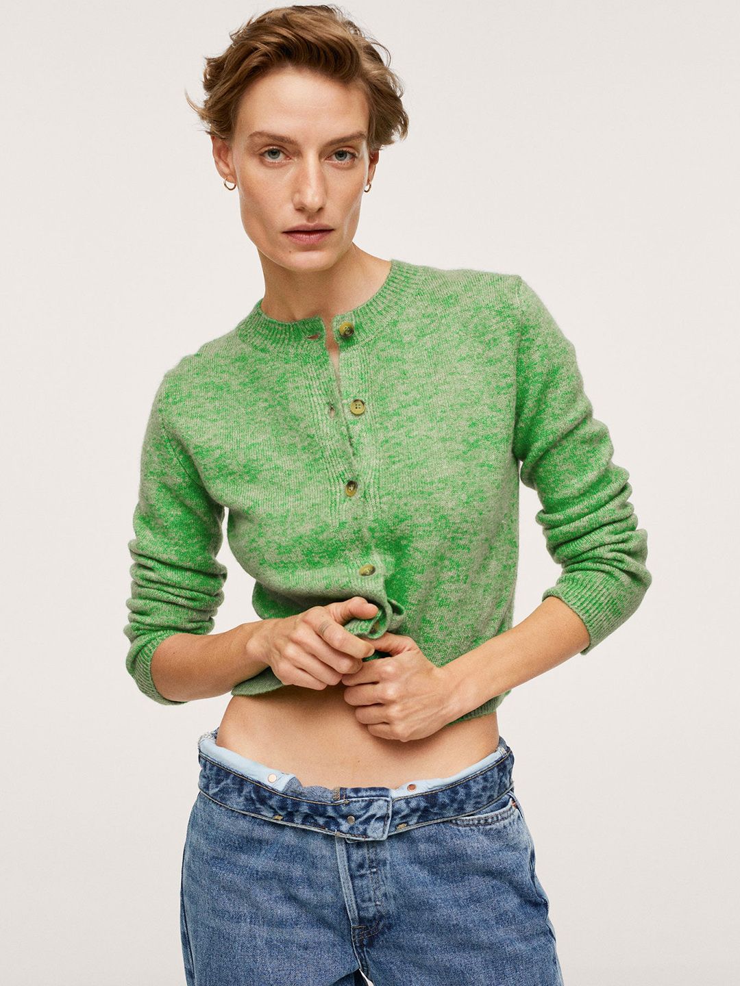 MANGO Women Green Solid Crop Cardigan Price in India