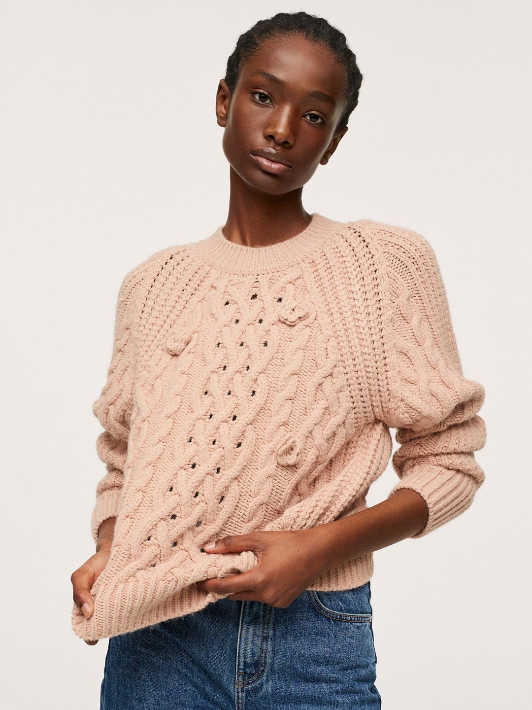 MANGO Women Peach-Coloured Cable Knit Pullover Price in India