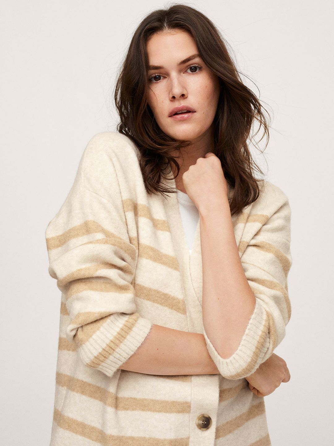 MANGO Women Off White & Beige Striped Cardigan Price in India