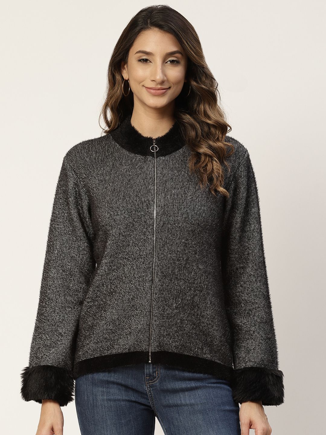 Madame Women Charcoal Front-Open Sweater Price in India