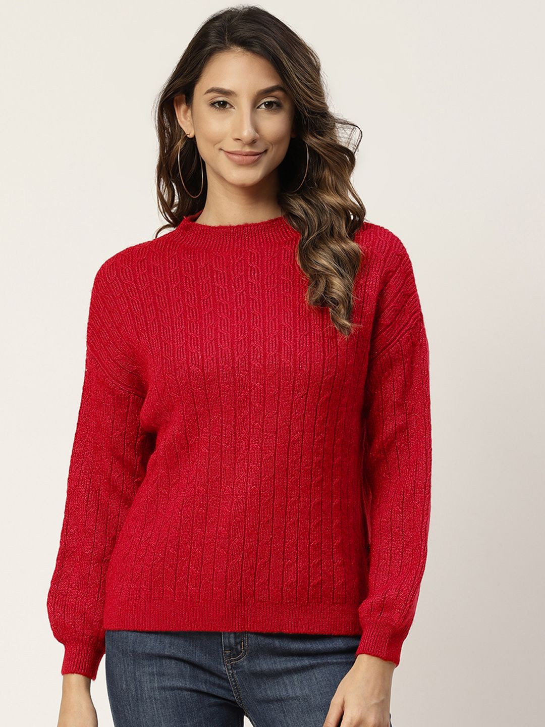 Madame Women Red Solid  Cable Knit Pullover Price in India