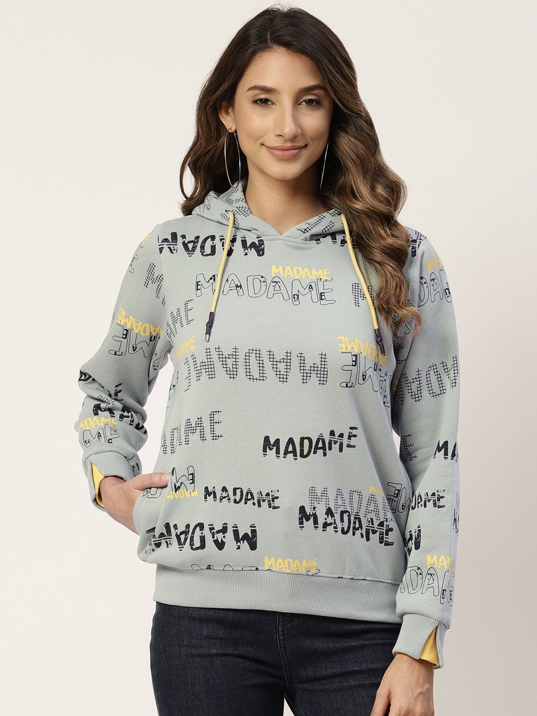 Madame Women Green Printed Hooded Pure Cotton Sweatshirt Price in India