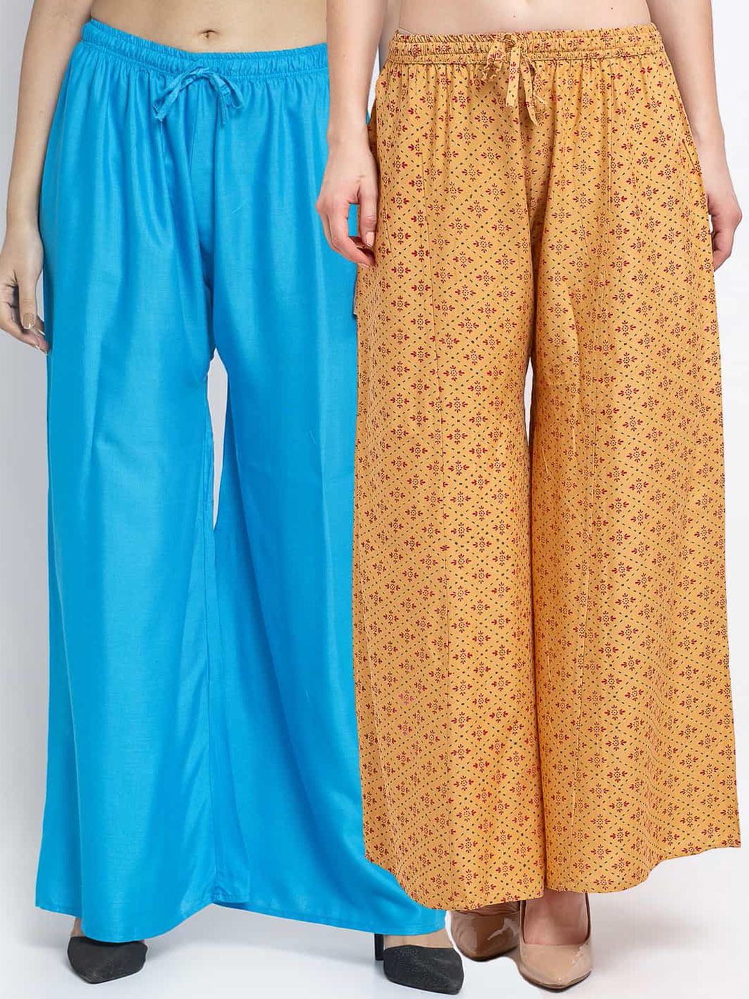 GRACIT Women Pack Of 2 Blue & Mustard Yellow Floral Printed Flared Knitted Ethnic Palazzos Price in India