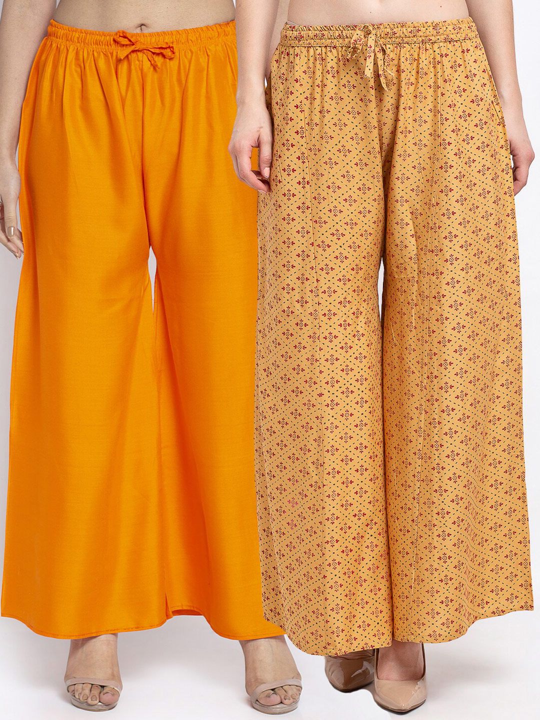 GRACIT Set-2 Women Orange & Yellow Floral Printed Flared Knitted Ethnic Palazzos Price in India