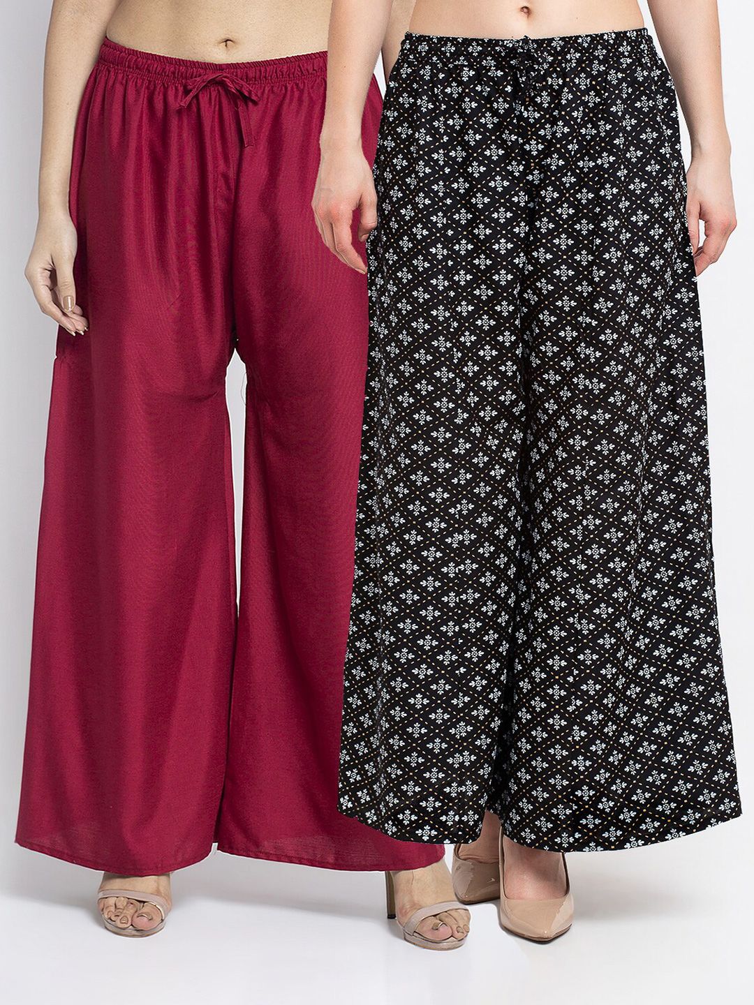 GRACIT Women Pack Of 2 Maroon & Black Floral Printed Flared Knitted Ethnic Palazzos Price in India