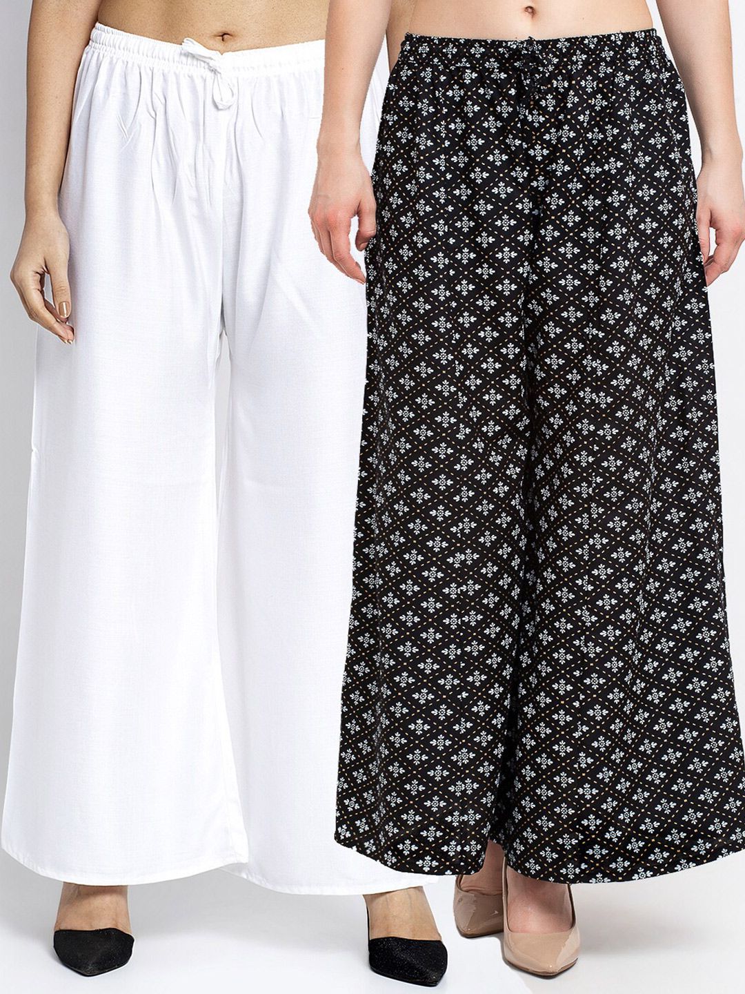 GRACIT Set-2 Women White & Black Floral Printed Flared Knitted Ethnic Palazzos Price in India