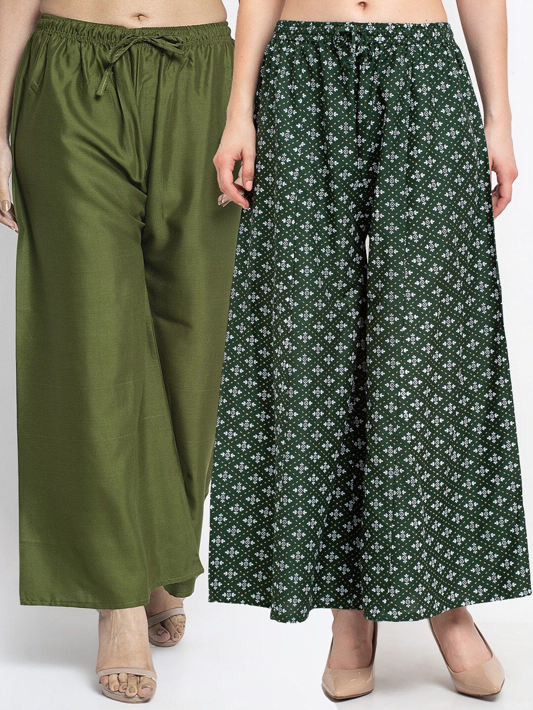 GRACIT Women Pack Of 2 Green & Olive Green Floral Printed Flared Knitted Ethnic Palazzos Price in India