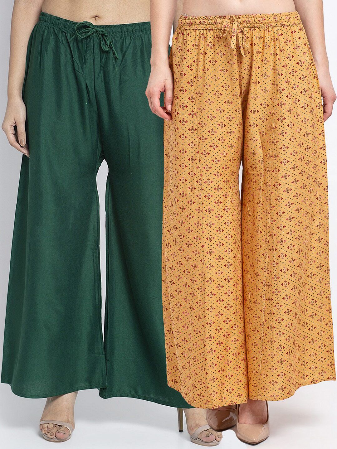 GRACIT Pack Of 2 Green & Mustard Yellow Floral Printed Flared Knitted Ethnic Palazzos Price in India