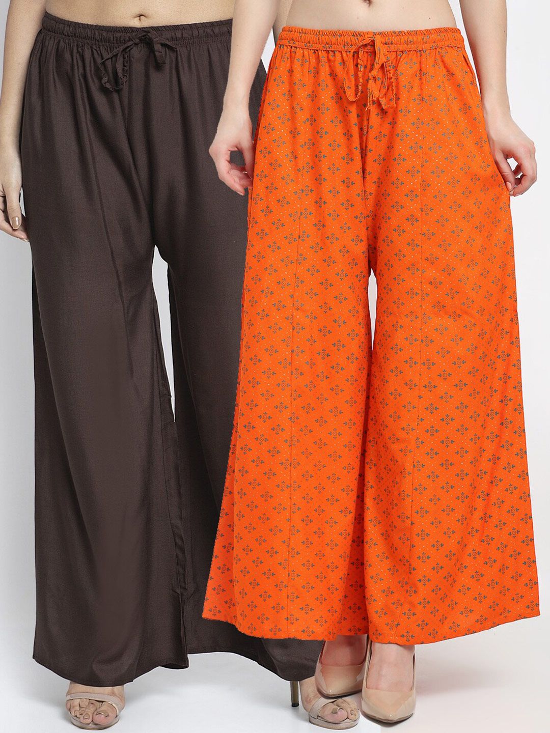 GRACIT Set-2 Women Brown & Orange Floral Printed Flared Knitted Ethnic Palazzos Price in India