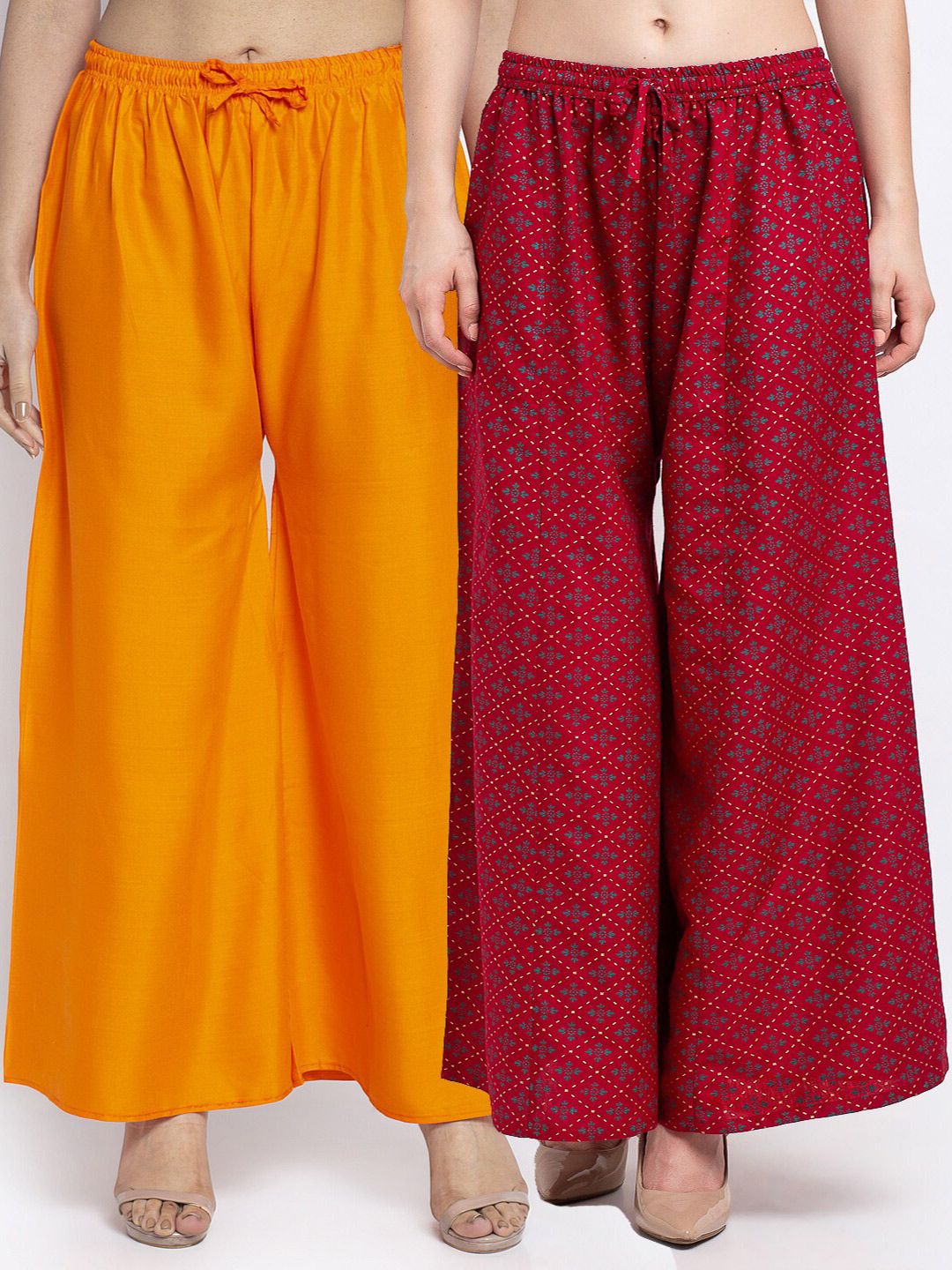 GRACIT Set-2 Women Orange & Maroon Floral Printed Flared Knitted Ethnic Palazzos Price in India