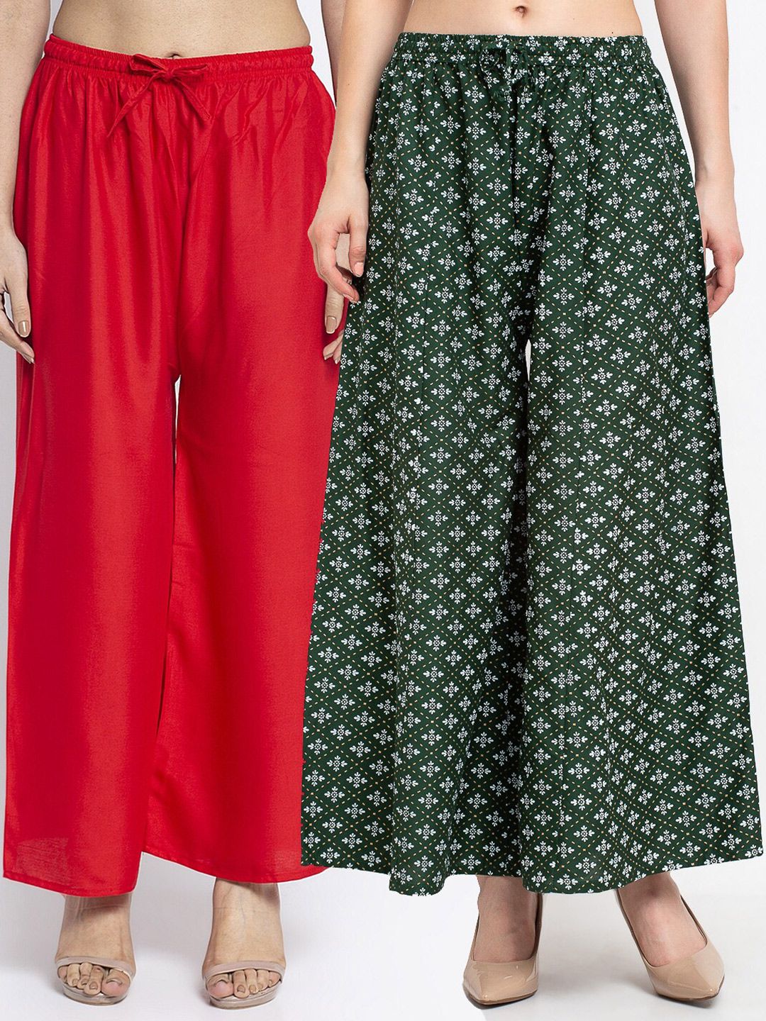 GRACIT Women Pack Of 2 Red & Green Floral Printed Flared Knitted Ethnic Palazzos Price in India