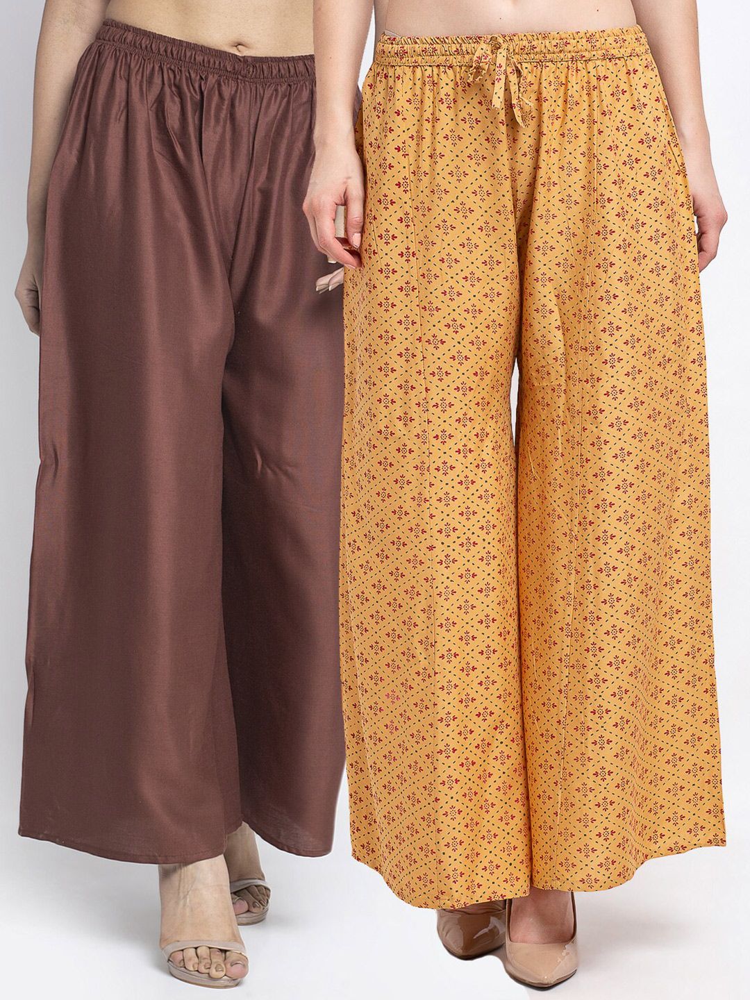 GRACIT Women Pack Of 2 Brown & Mustard Floral Printed Flared Knitted Ethnic Palazzos Price in India