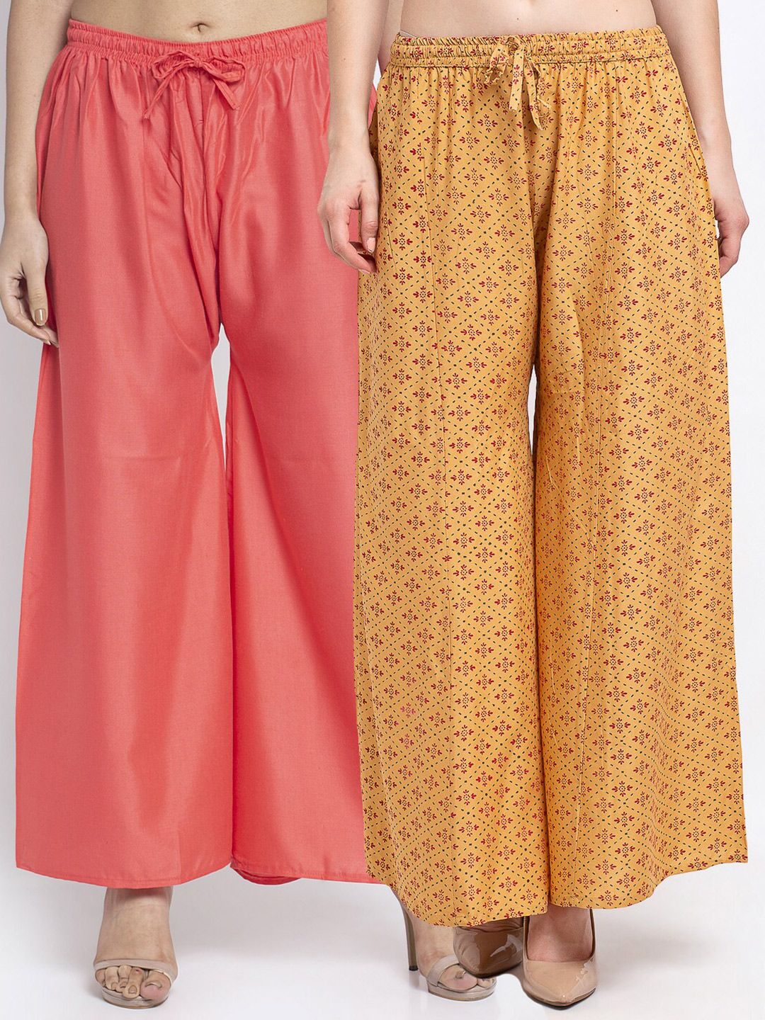 GRACIT Pack Of 2 Coral & Mustard Yellow Floral Printed Flared Knitted Ethnic Palazzos Price in India