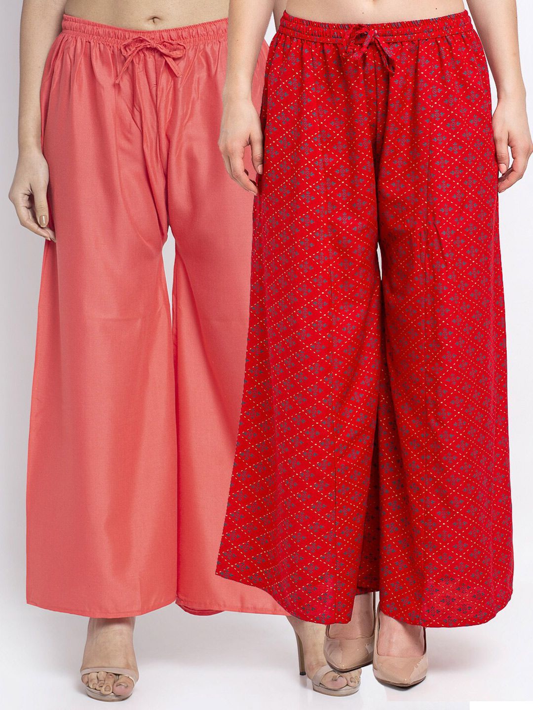 GRACIT Women Pack Of 2 Coral & Red Floral Printed Flared Knitted Ethnic Palazzos Price in India