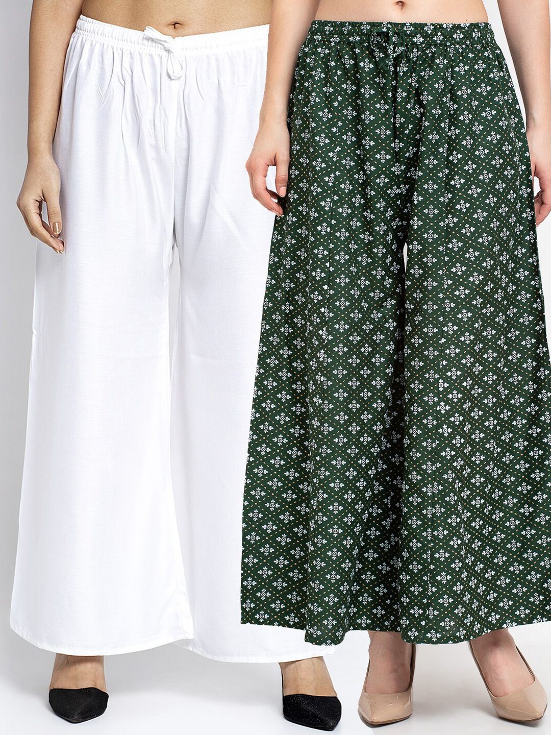 GRACIT Women Pack Of 2 White & Green Floral Printed Flared Knitted Ethnic Palazzos Price in India