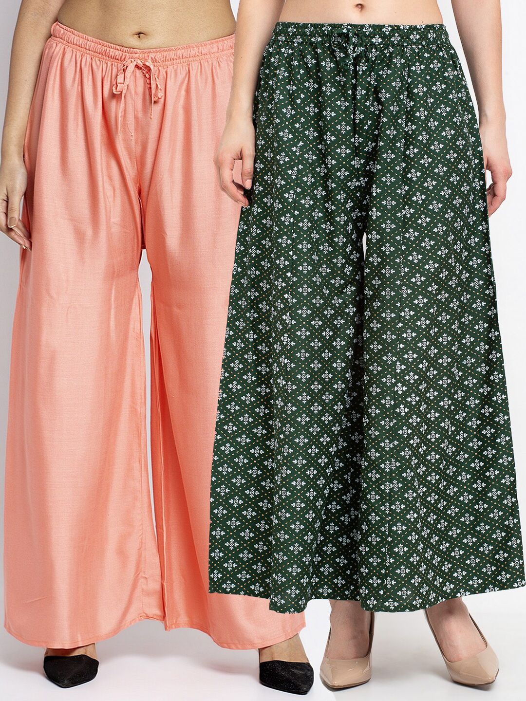 GRACIT Set-2 Women Peach-Coloured & Black Floral Printed Flared Knitted Ethnic Palazzos Price in India