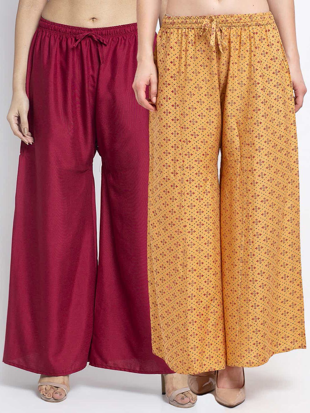 GRACIT Women Pack Of 2 Maroon & Mustard Yellow Floral Printed Flared Ethnic Palazzos Price in India