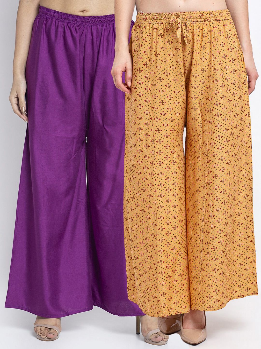 GRACIT Set-2 Women Purple & Mustard Yellow Floral Printed Flared Knitted Ethnic Palazzos Price in India