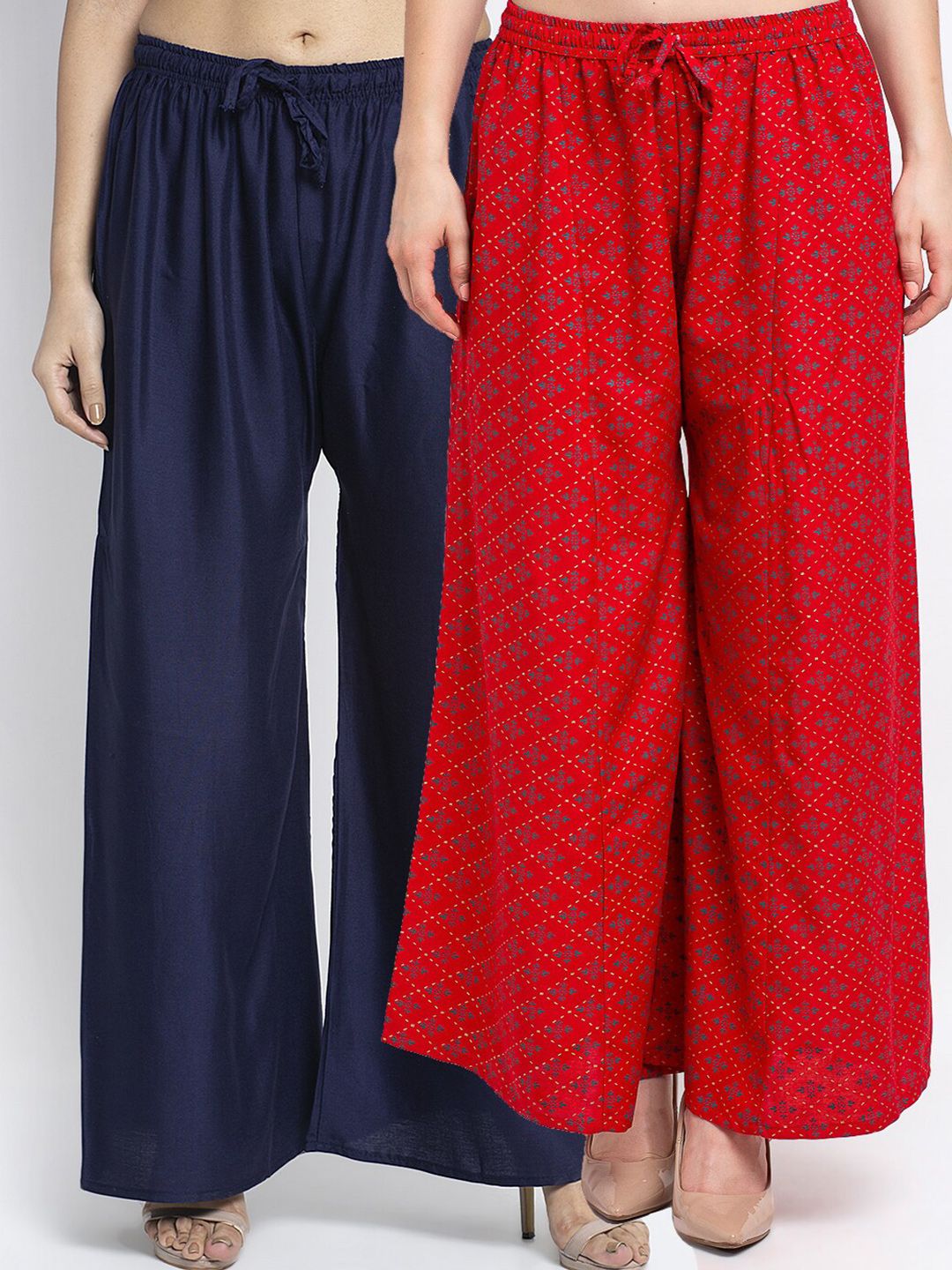 GRACIT Women Pack Of 2 Navy Blue & Red Floral Printed Flared Knitted Ethnic Palazzos Price in India