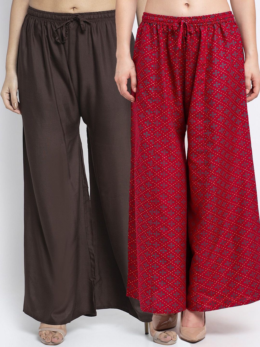 GRACIT Women Pack Of 2 Brown & Maroon Floral Printed Flared Knitted Ethnic Palazzos Price in India