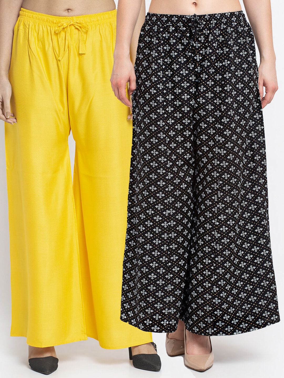 GRACIT Set-2 Women Yellow & Black Floral Printed Flared Knitted Ethnic Palazzos Price in India