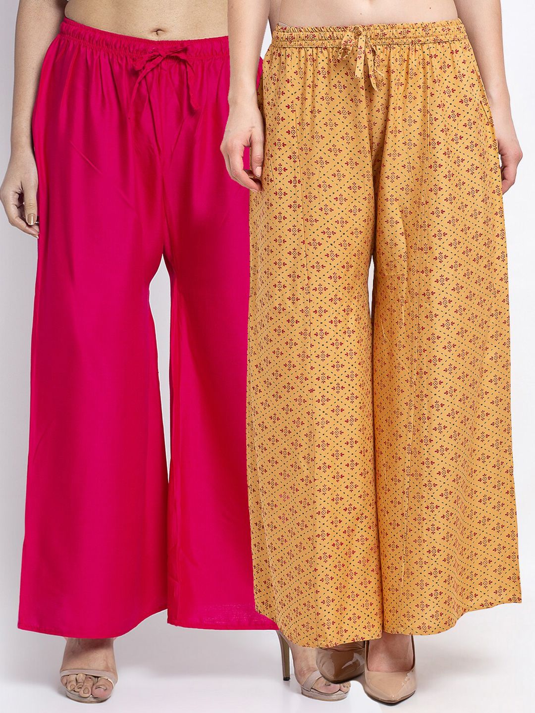 GRACIT Women Pack Of 2 Pink & Yellow Floral Printed Flared Knitted Ethnic Palazzos Price in India