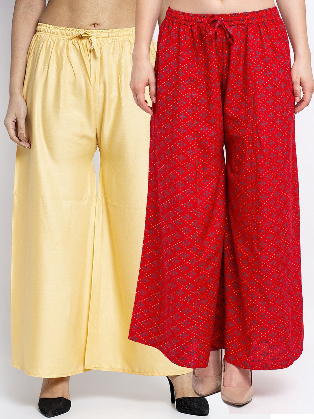 GRACIT Women Pack Of 2 Beige & Red Floral Printed Flared Knitted Ethnic Palazzos Price in India