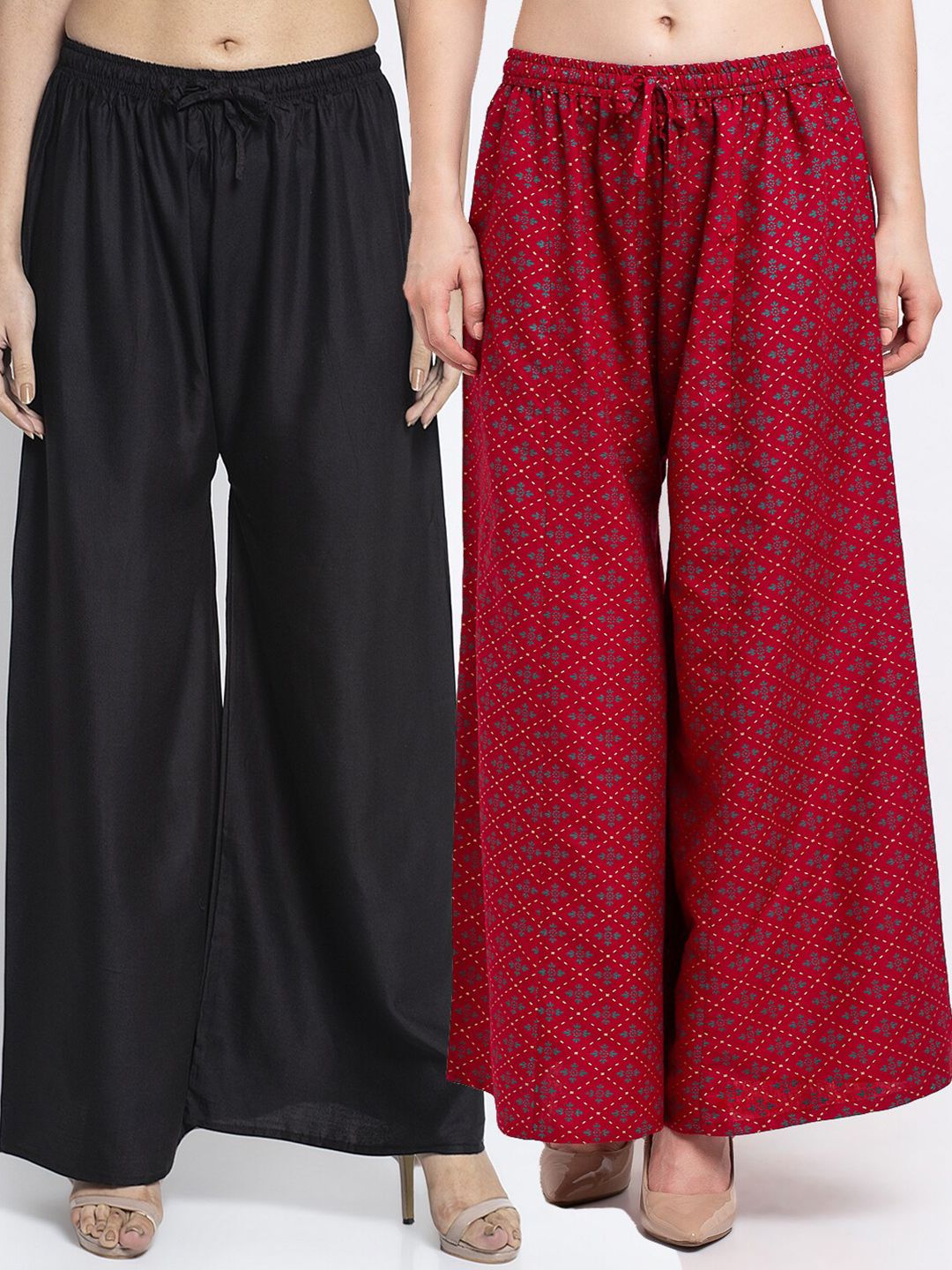 GRACIT Set-2 Women Black & Maroon Floral Printed Flared Knitted Ethnic Palazzos Price in India