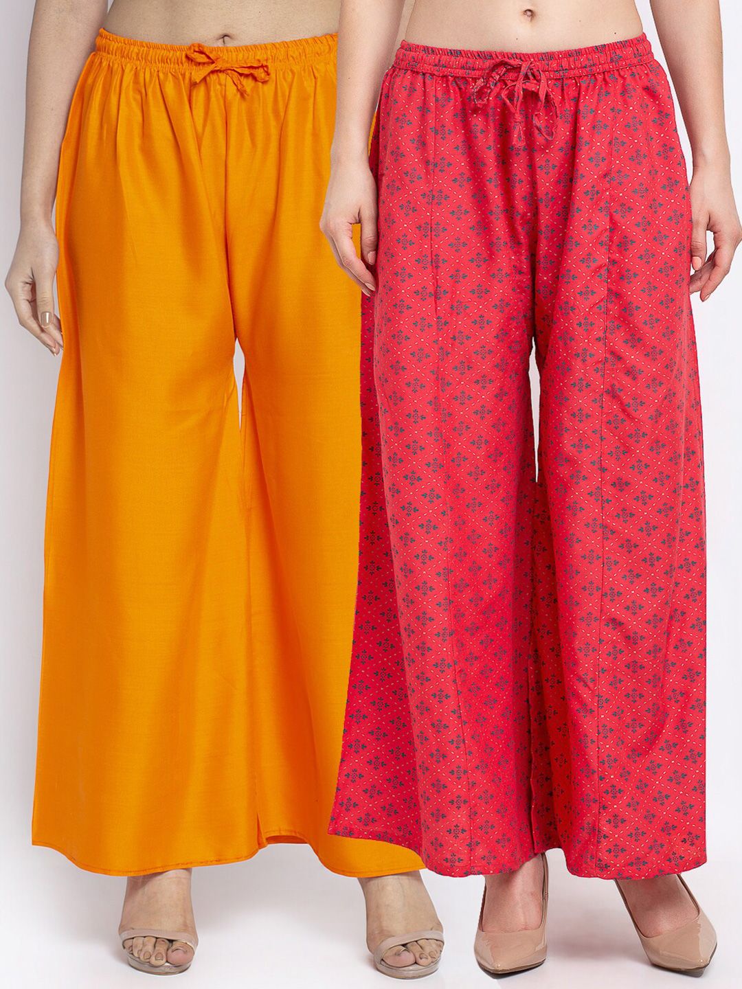 GRACIT Women Pack Of 2 Orange & Red Floral Printed Flared Knitted Ethnic Palazzos Price in India