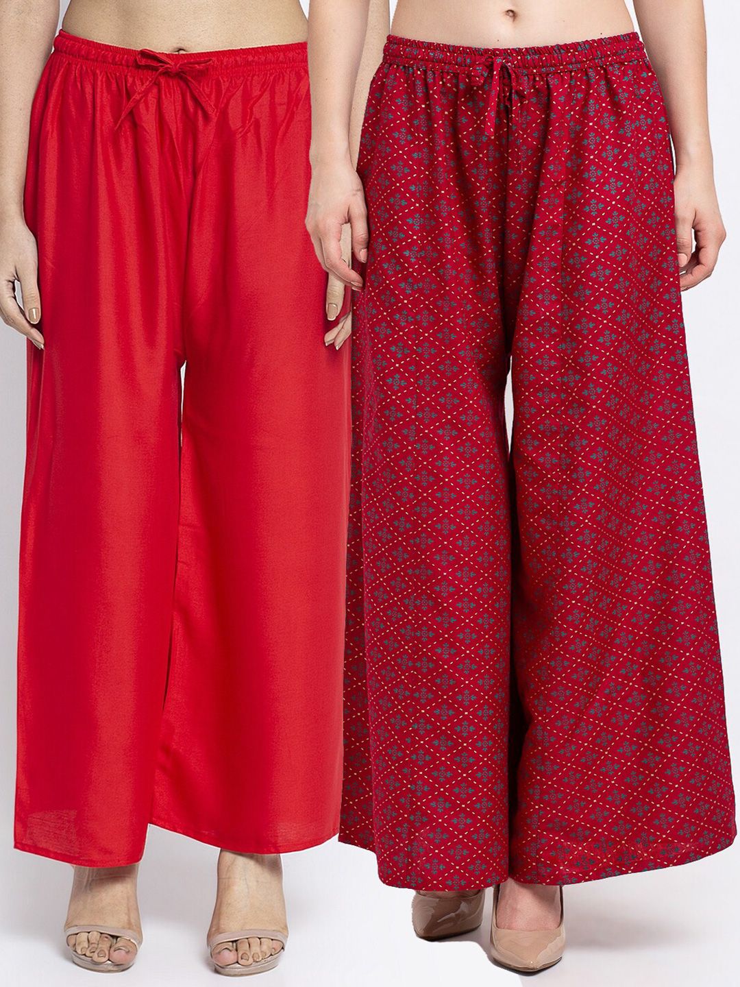 GRACIT Set-2 Women Red & Green Floral Printed Flared Knitted Ethnic Palazzos Price in India