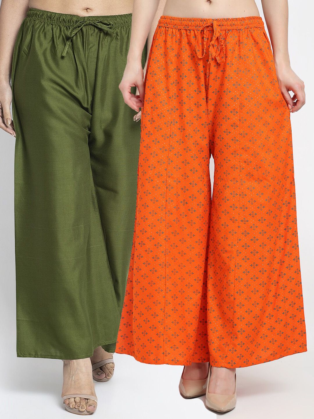 GRACIT Women Pack Of 2 Green & Orange Floral Printed Flared Knitted Ethnic Palazzos Price in India