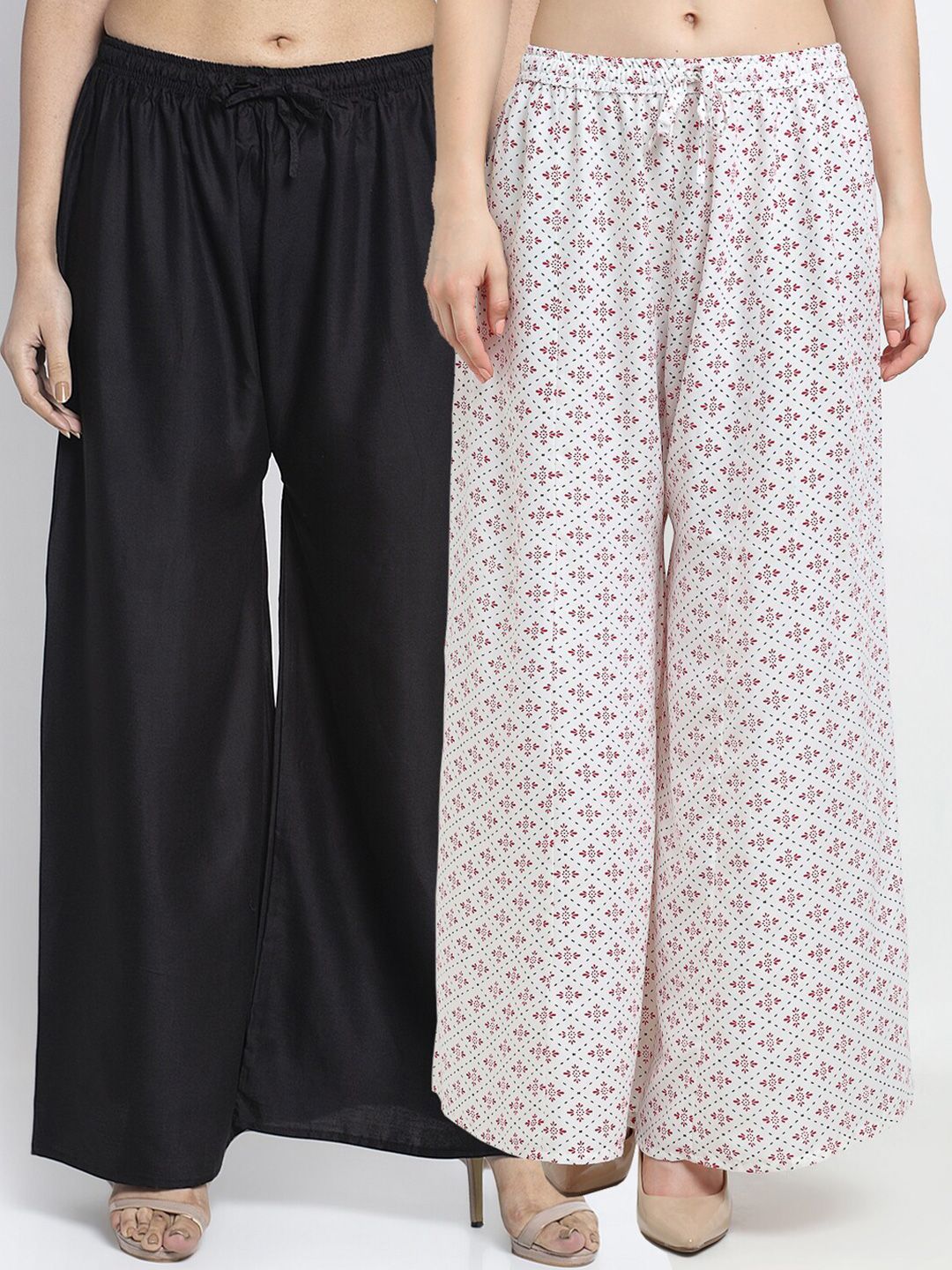 GRACIT Women Black & White Pack Of 2 Floral Printed Flared Knitted Ethnic Palazzos Price in India