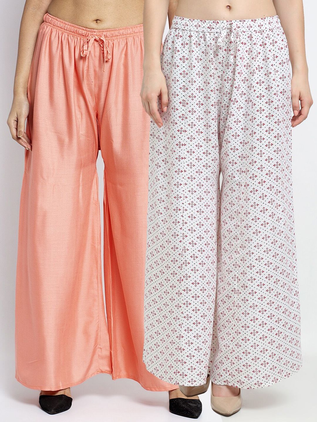 GRACIT Pack Of 2 Peach-Coloured & White Floral Printed Flared Knitted Ethnic Palazzos Price in India