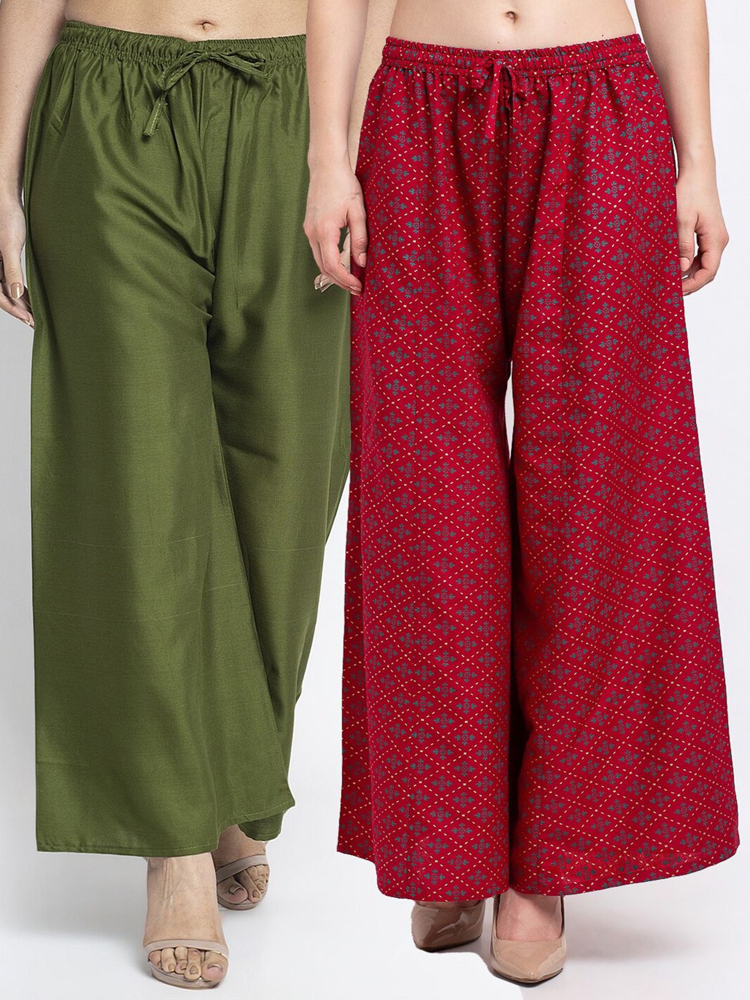 GRACIT Women Pack Of 2 Green & Maroon Floral Printed Flared Knitted Ethnic Palazzos Price in India