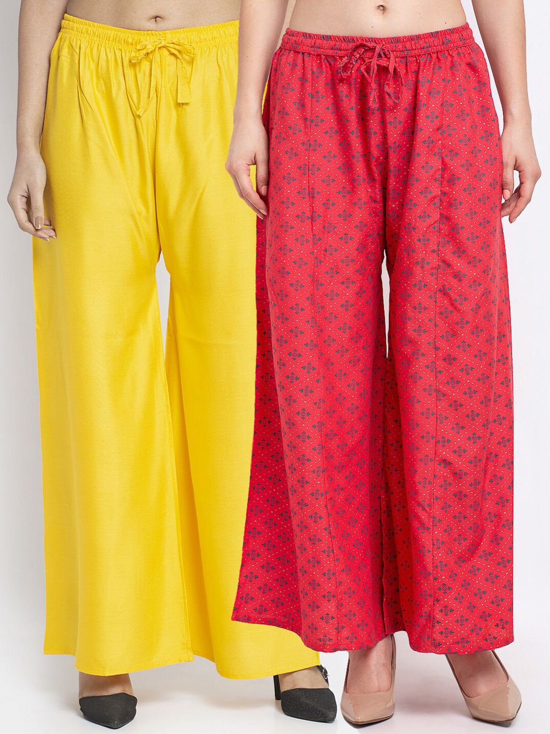 GRACIT Women Pack Of 2 Yellow & Pink Floral Printed Flared Knitted Ethnic Palazzos Price in India