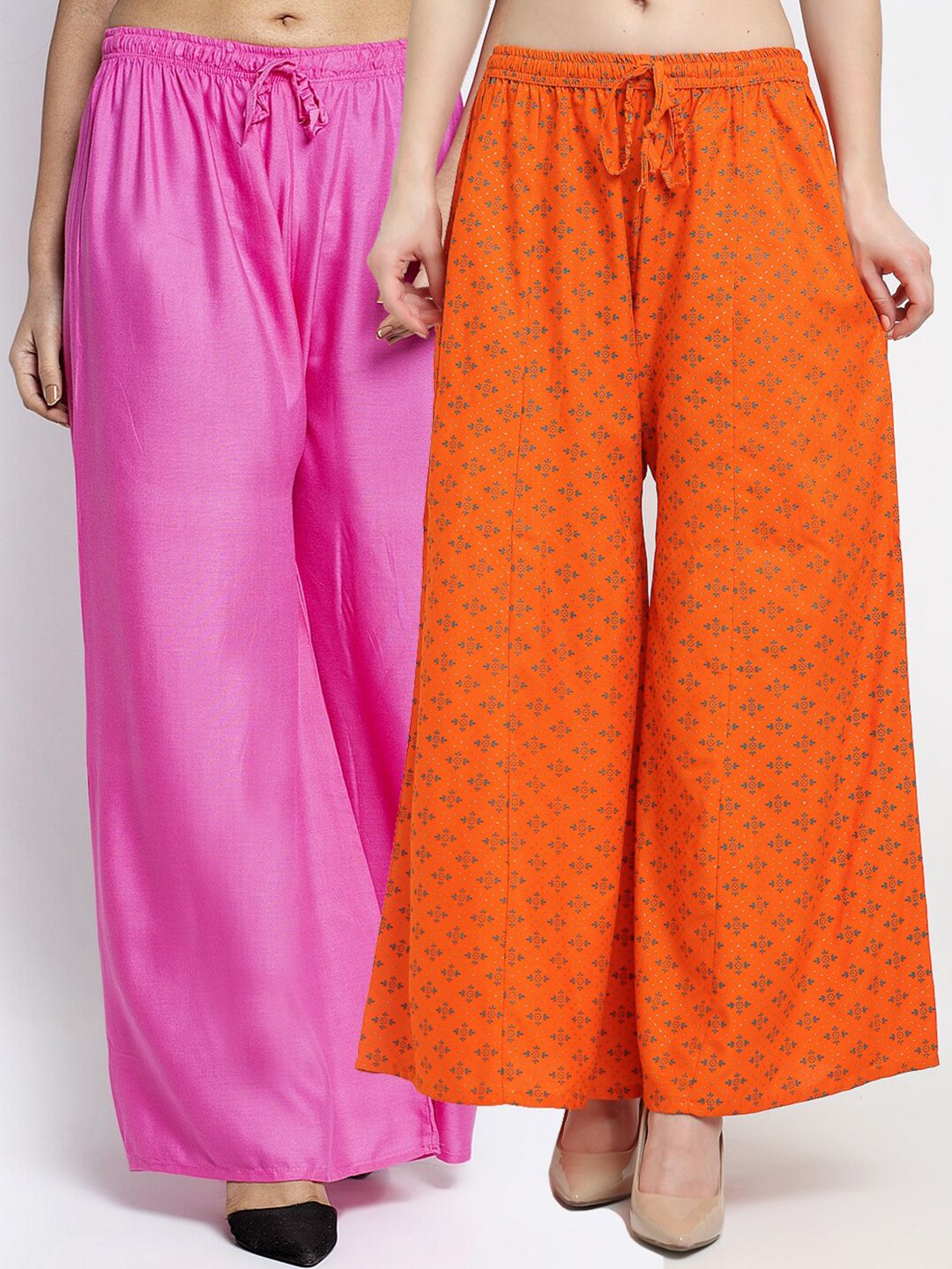 GRACIT Set-2 Women Pink & Orange Floral Printed Flared Knitted Ethnic Palazzos Price in India