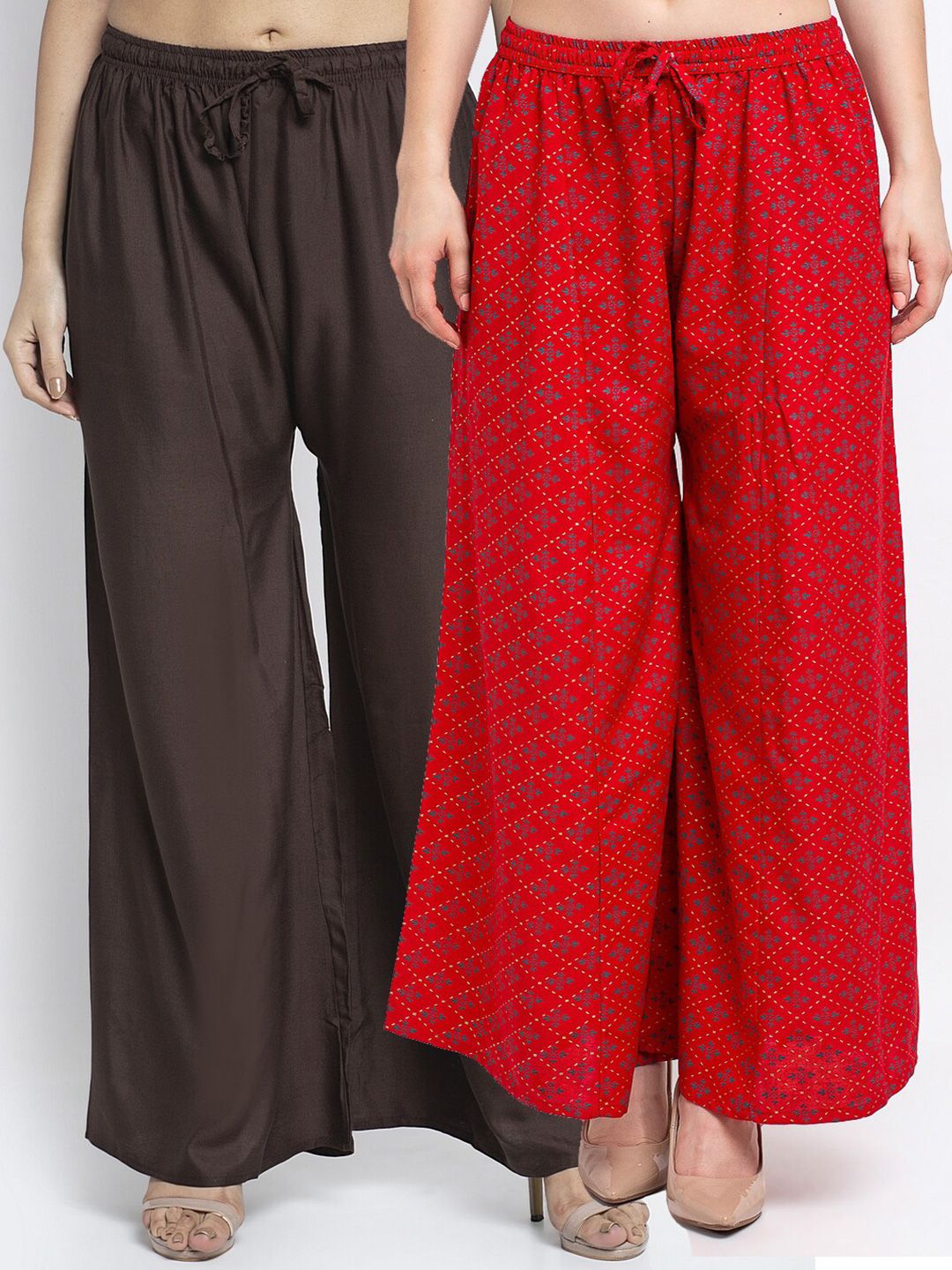 GRACIT Women Pack Of 2 Brown & Red Floral Printed Flared Knitted Ethnic Palazzos Price in India