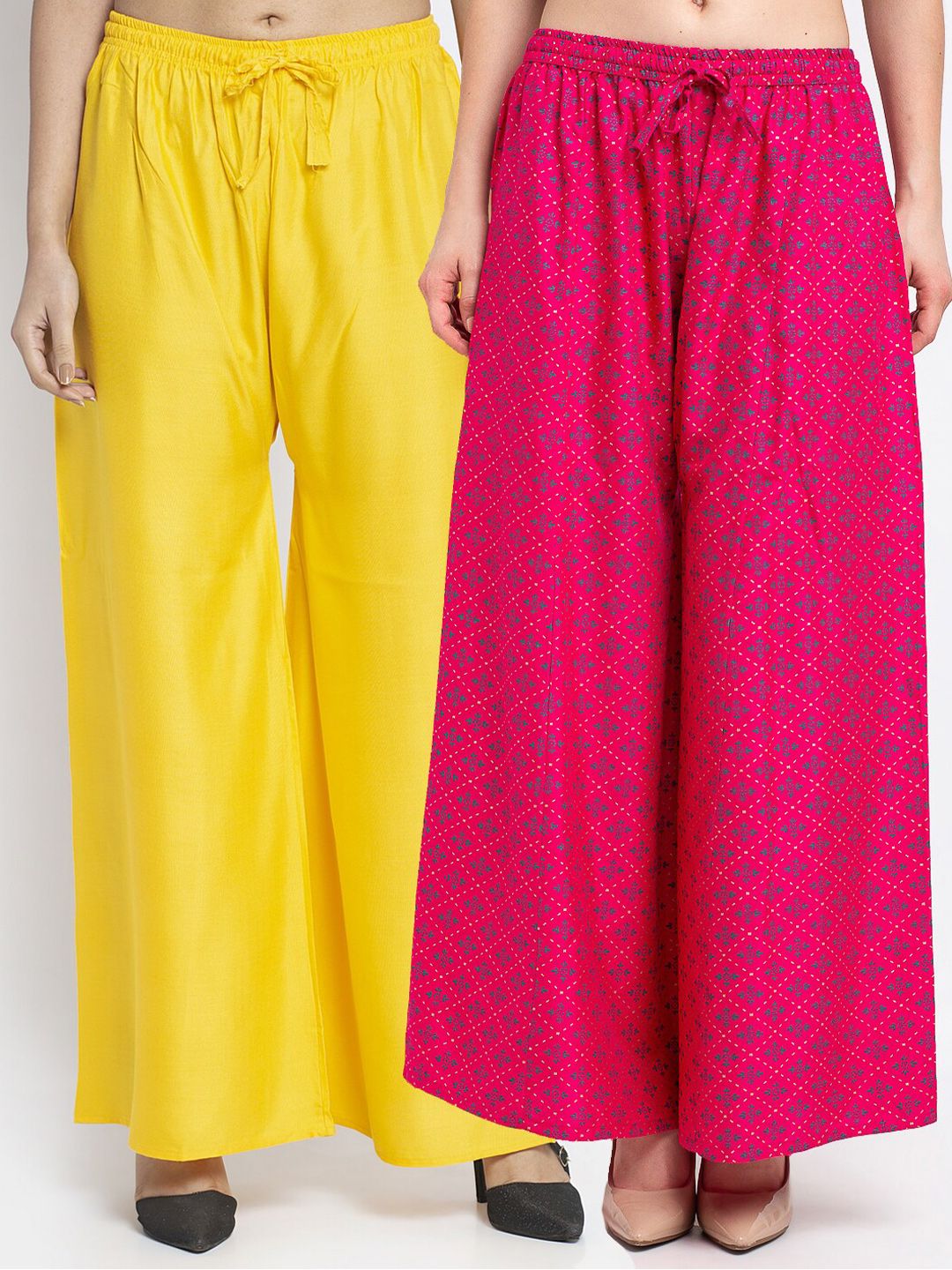 GRACIT Women Yellow & Pink Pack Of 2 Floral Printed Flared Knitted Ethnic Palazzos Price in India