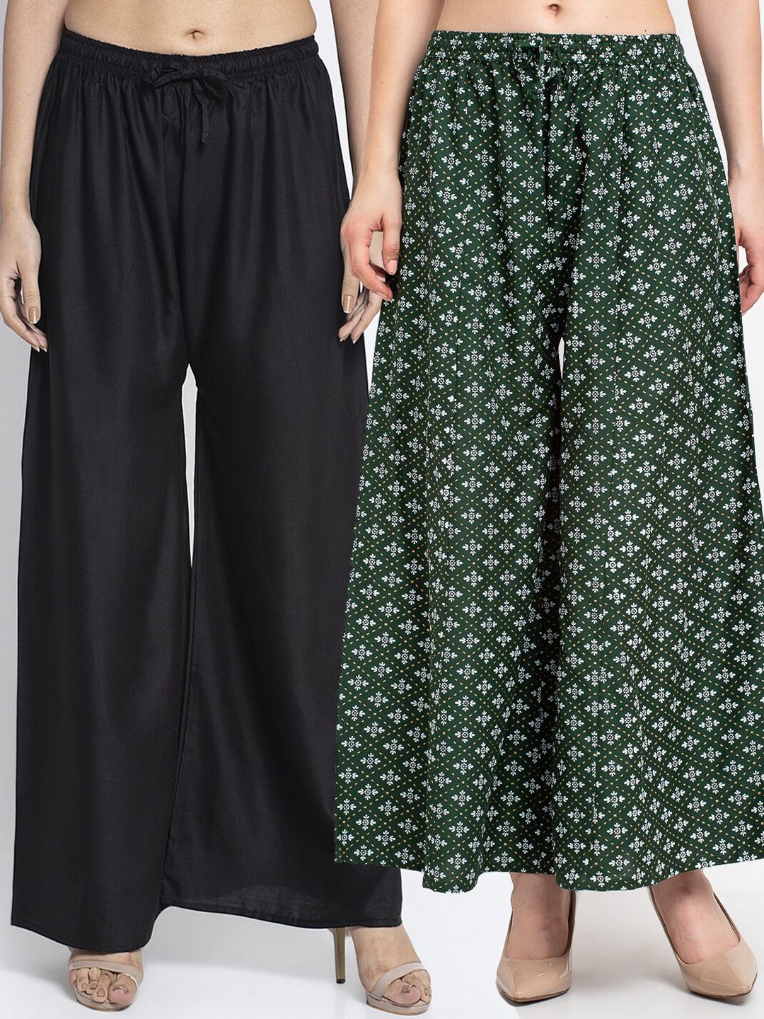 GRACIT Women Pack Of 2 Black & Green Floral Printed Flared Knitted Ethnic Palazzos Price in India