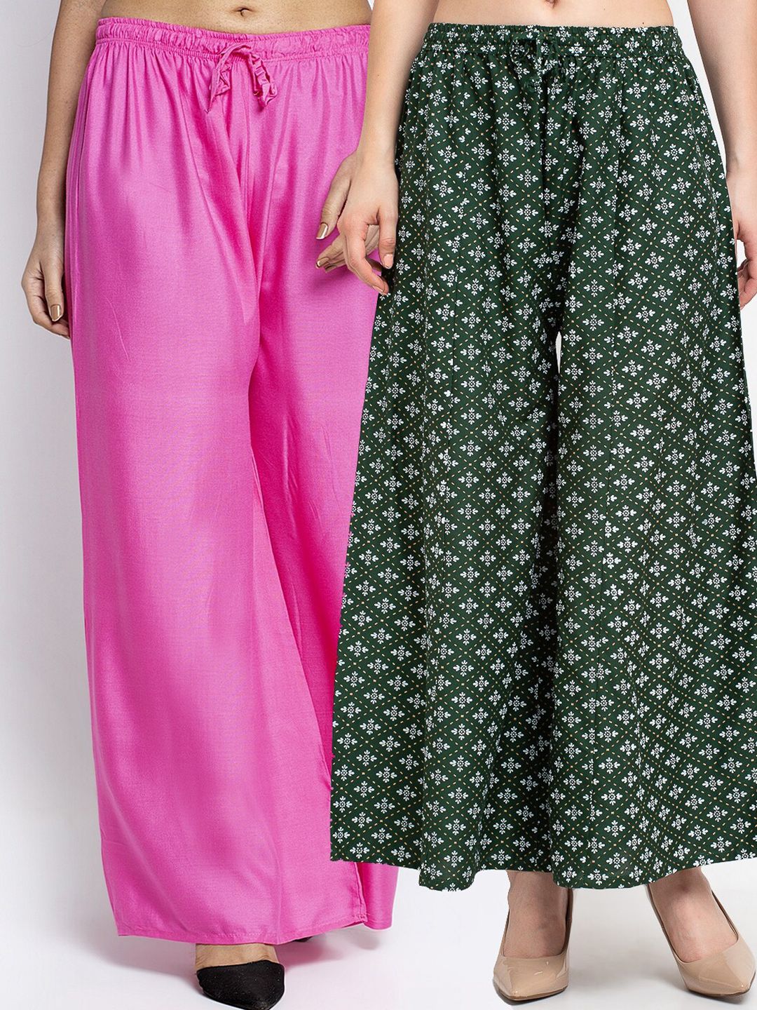 GRACIT Women Pack Of 2 Pink & Green Floral Printed Flared Knitted Ethnic Palazzos Price in India