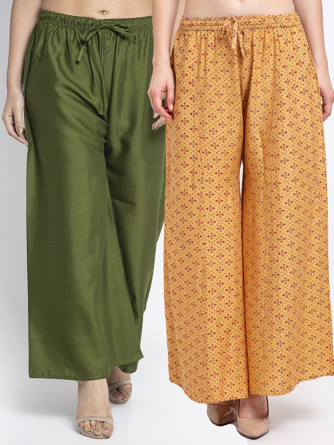 GRACIT Women Green & Yellow Pack Of 2 Floral Printed Flared Knitted Ethnic Palazzos Price in India