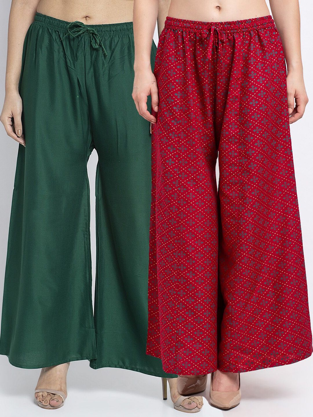 GRACIT Women Green & Red Pack Of 2 Floral Printed Flared Knitted Ethnic Palazzos Price in India