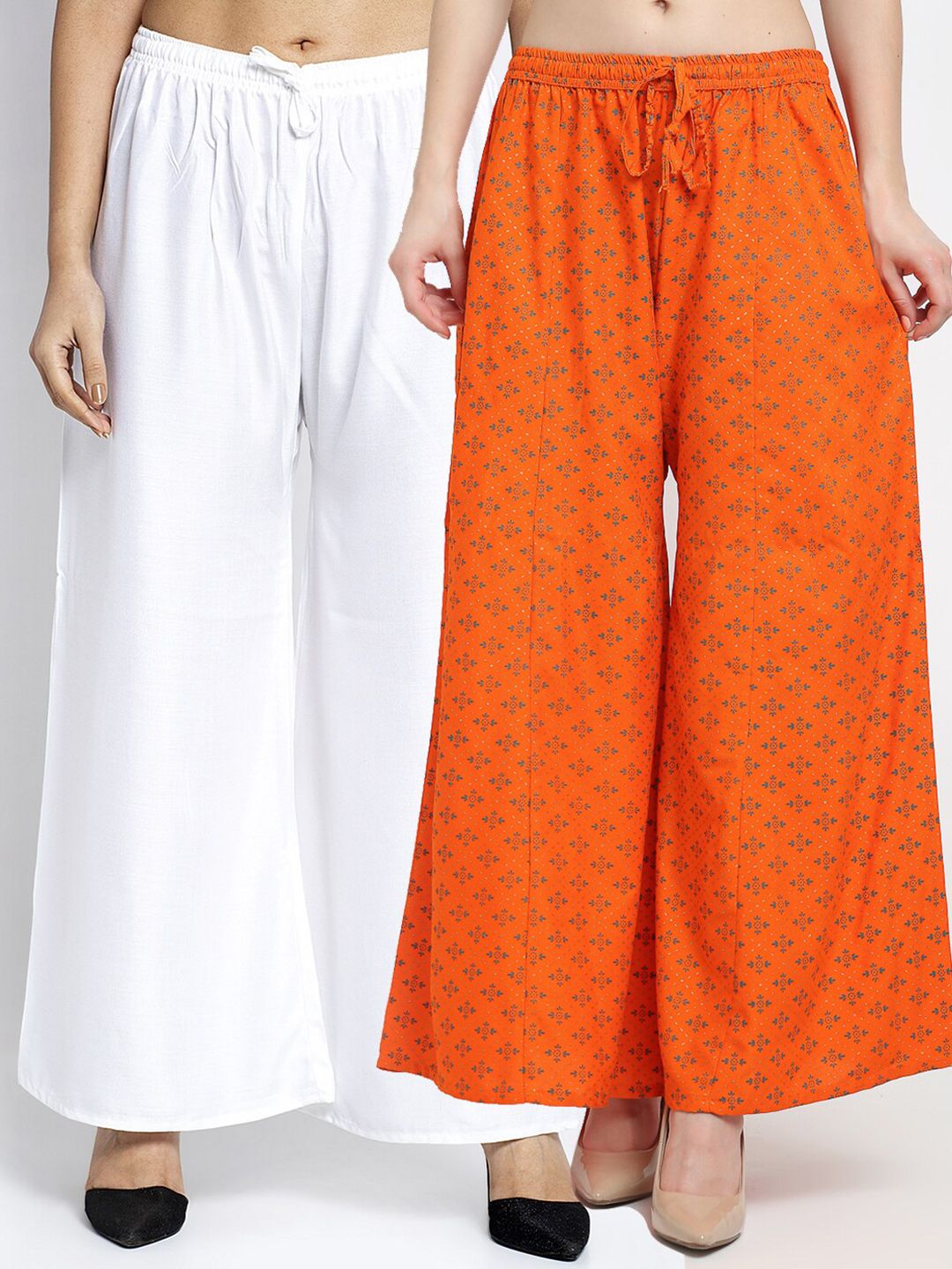 GRACIT Set-2 Women White & Orange Floral Printed Flared Knitted Ethnic Palazzos Price in India