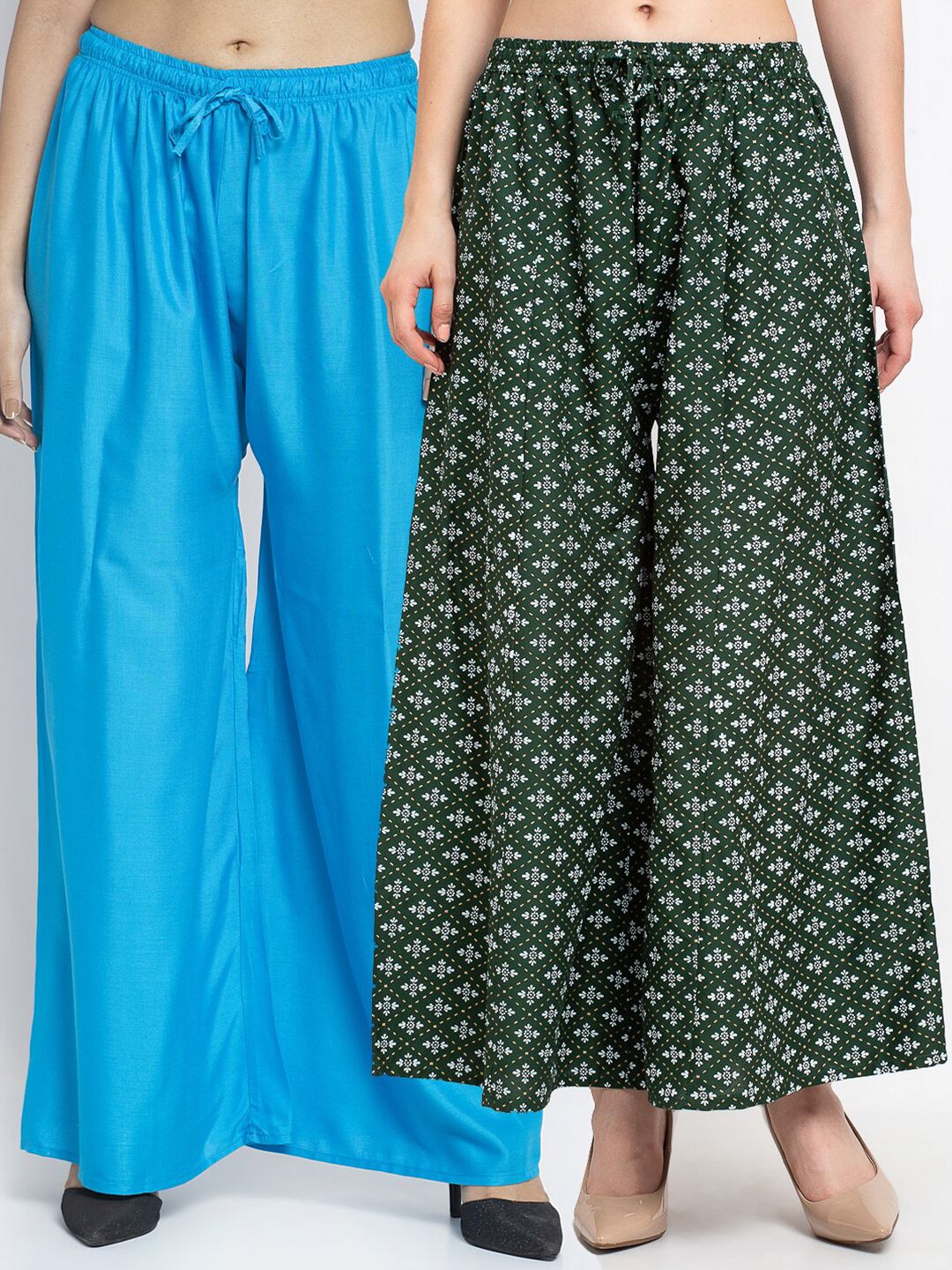 GRACIT Women Pack Of 2 Blue & Green Floral Printed Flared Knitted Ethnic Palazzos Price in India