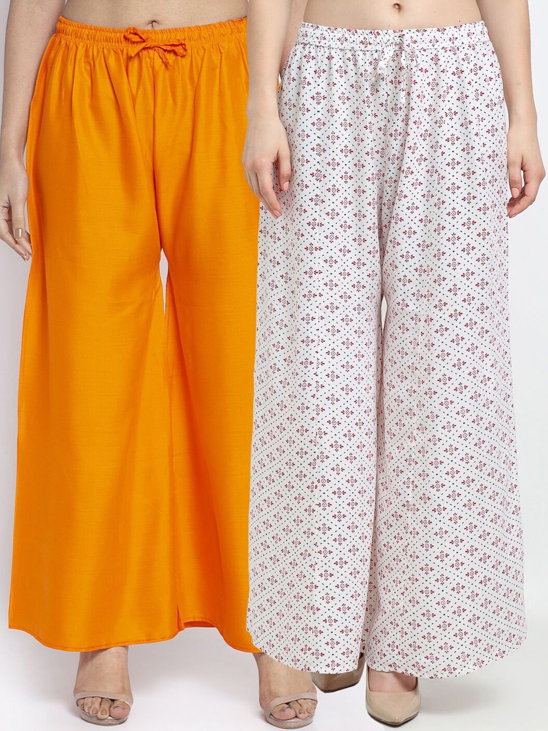 GRACIT Women Pack Of 2 Orange & White Floral Printed Flared Knitted Ethnic Palazzos Price in India