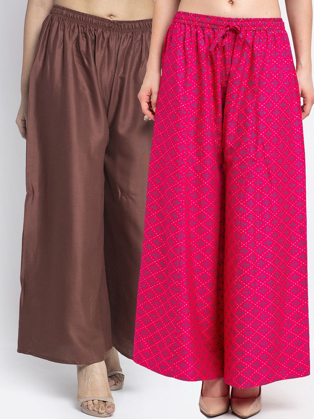 GRACIT Women Pack Of 2 Brown & Pink Floral Printed Flared Knitted Ethnic Palazzos Price in India