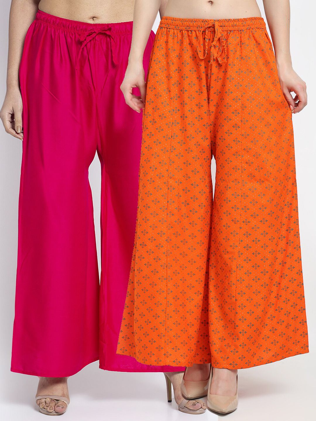 GRACIT Women Pack of 2 Pink & Orange Ethnic Motifs Printed Flared Knitted Ethnic Palazzos Price in India