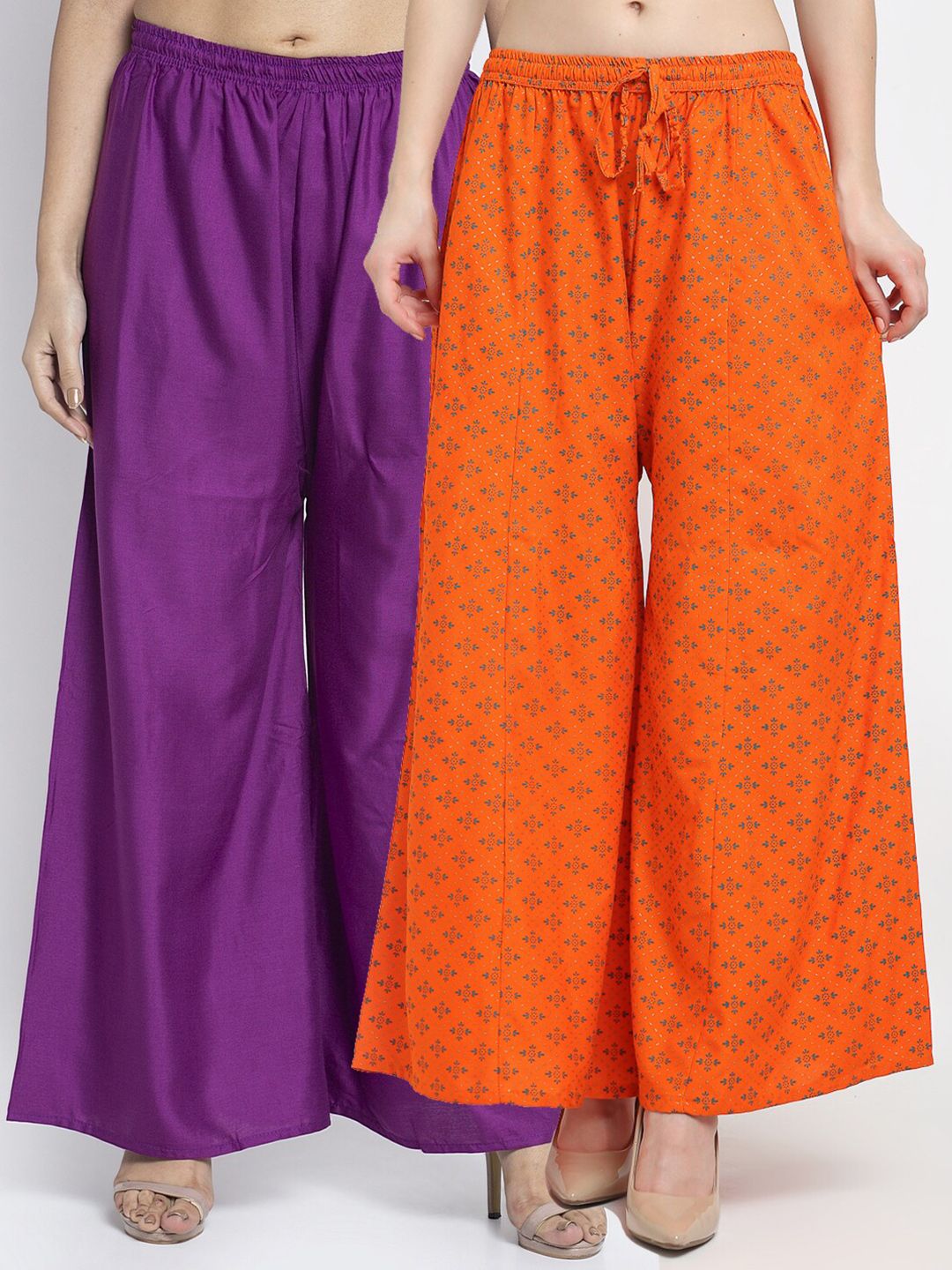 GRACIT Women Pack Of 2 Purple & Orange Floral Printed Flared Knitted Ethnic Palazzos Price in India