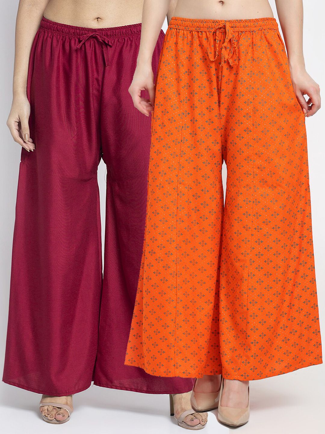 GRACIT Women Pack Of 2 Maroon & Orange Floral Printed Flared Knitted Ethnic Palazzos Price in India