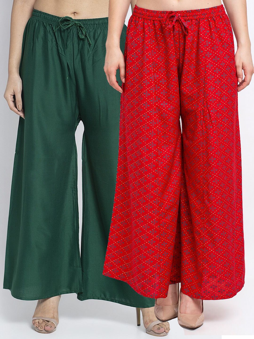 GRACIT Women Pack Of 2 Green & Red Floral Printed Flared Knitted Ethnic Palazzos Price in India